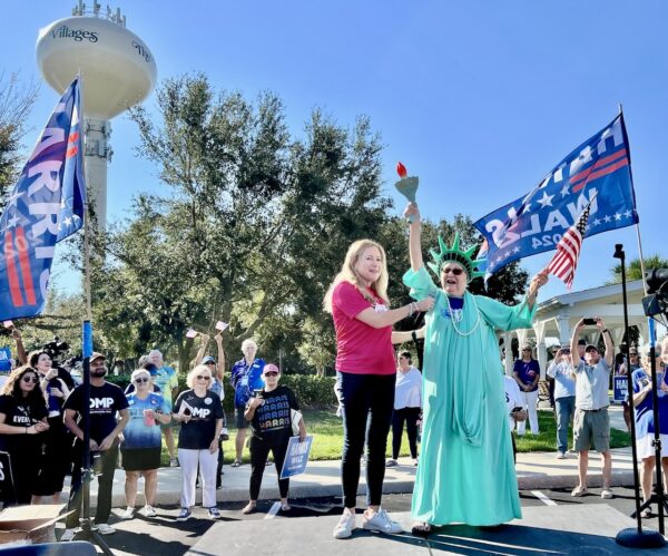 Senate candidate Debbie Mucarsel Powell was joined on stage by the Statue of Liberty aka Maxine Lubow of the Village of Sanibel