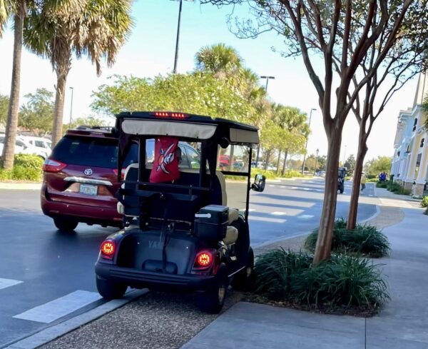 A Tampa Bay Buccaneers fan stocks up for the game at Winn Dixie at Lake Sumter Landing