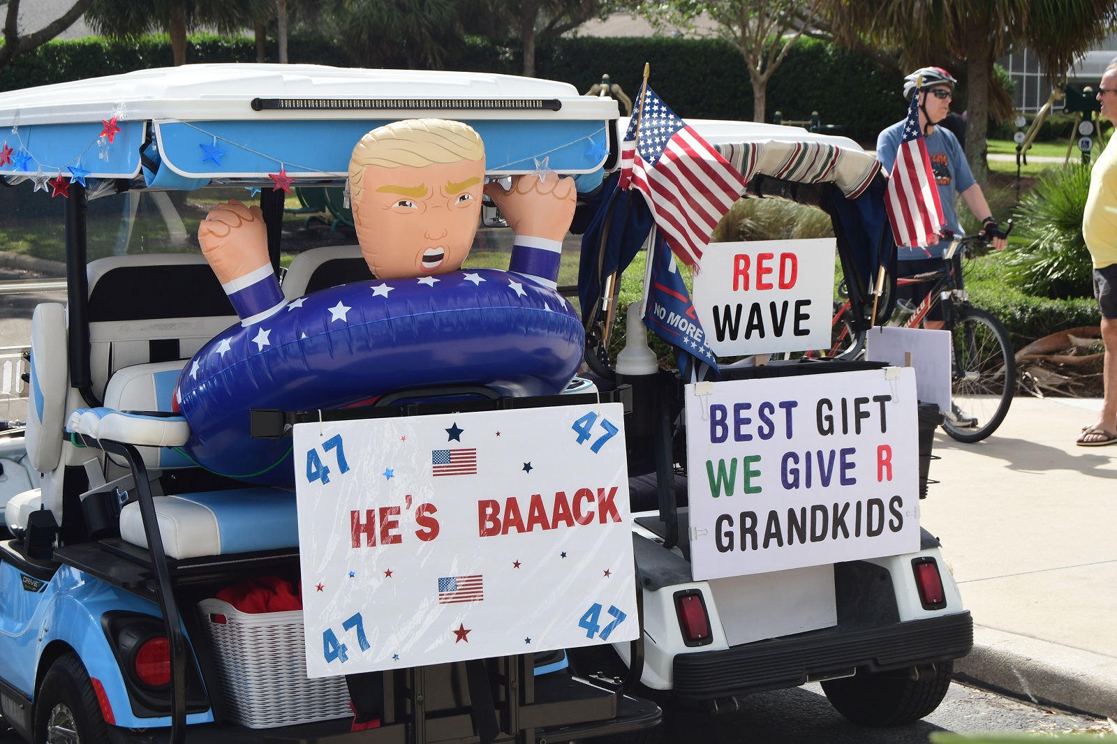 MAGA Club celebrates Trump election victory with golf cart rally