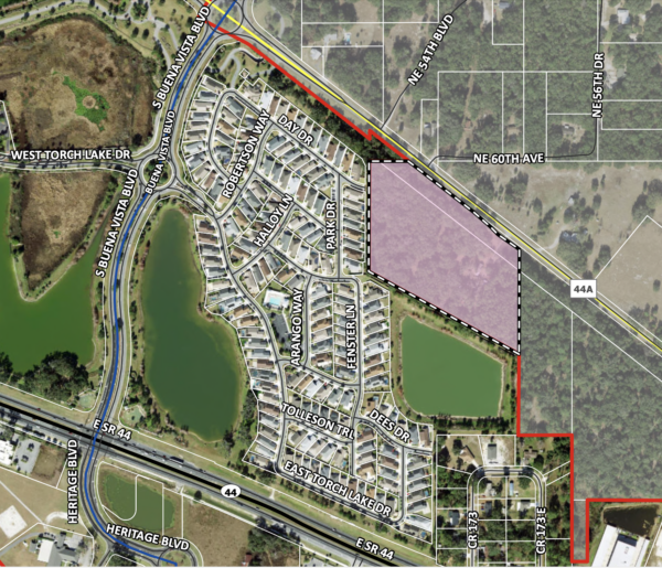 The pink shaded area shows the land The Villages wants to annex. It is located next to the Village of Antrim Dells