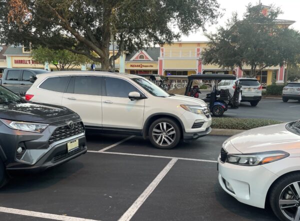 This white vehicle was clearly over the line at Square 1 Burgers at Pinellas Plaza