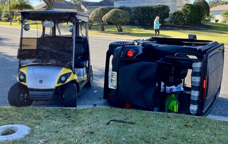 A golf cart was knocked on its side in an accident Saturday morning in the Village of Caroline