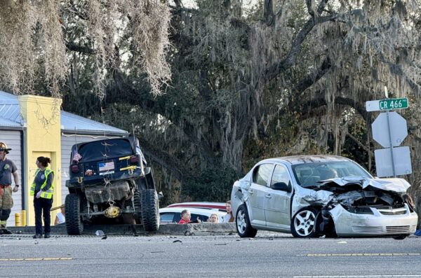 The front end of this Jeep went over a retaining wall Friday afternoon on County Road 466 in Lady Lake.